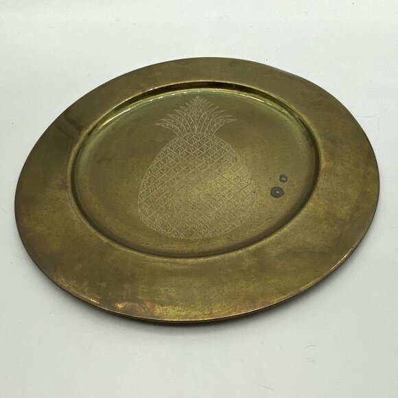 Vintage Brass Table Tray Plate 13” Etched Pineapple‎ Round Wall Hanging Decor - Picture 7 of 10